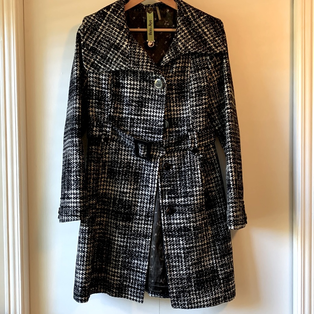 Soia & Kyo wool-blend coat, black and white houndstooth pattern